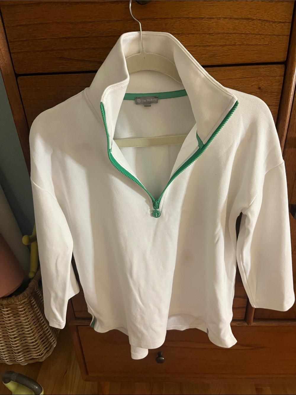 Talbots White Zip-Front Mock Neck Pullover with Green Zipper